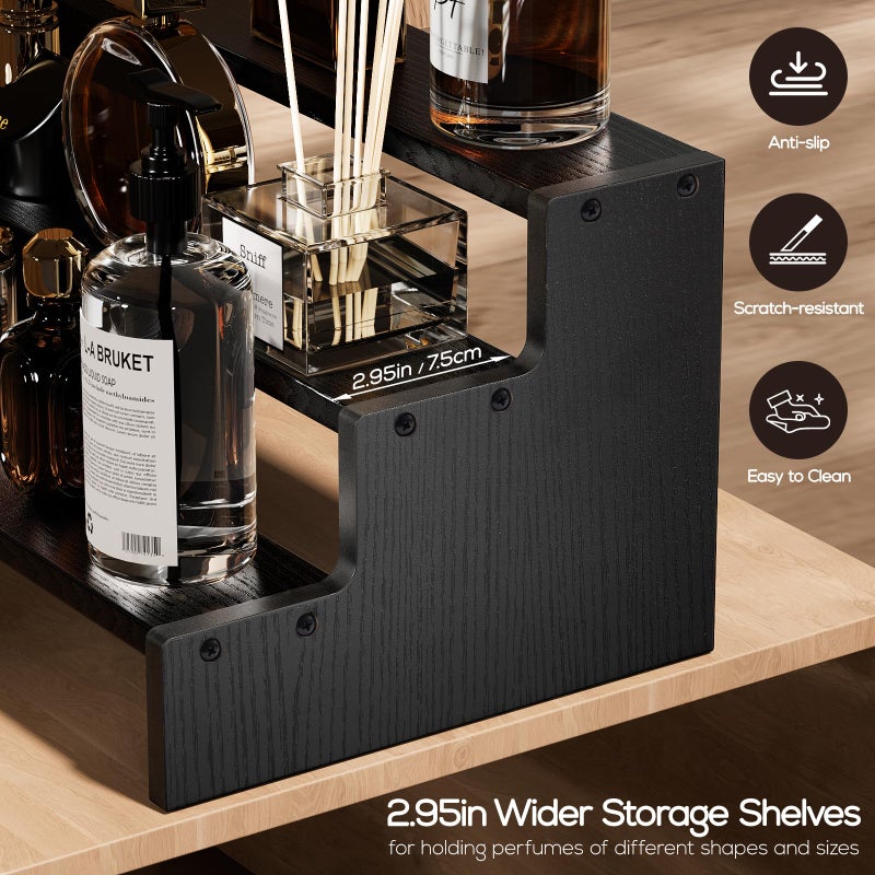 بروكاس منظم كولونيا خشبي للرجال من بروكيس، رافعات عرض منظم العطور من 3 طبقات، منظم حامل حامل كولونيا للرجال، رف رف كولونيا للعطور والشموع ومستحضرات التجميل على شكل كب كيك - أسود - Image 3